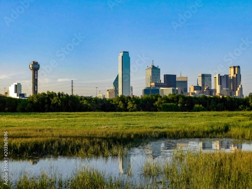 Downtown Dallas Skyline, clear sky, pond reflection