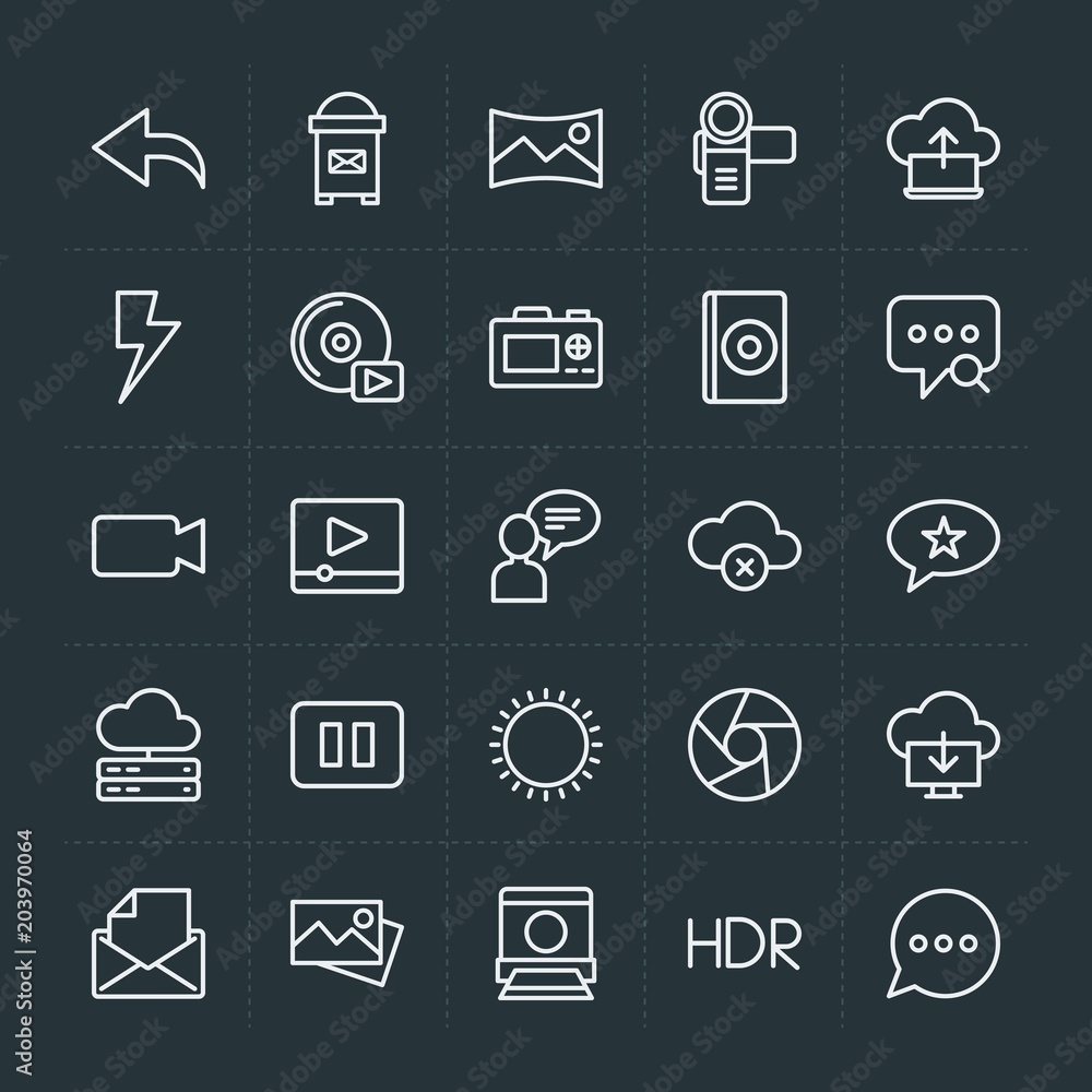 Modern Simple Set of cloud and networking, chat and messenger, video, photos, email Vector outline Icons. Contains such Icons as cloud, open and more on dark background. Fully Editable. Pixel Perfect. Modern Simple Set of cloud and networking, chat and messenger, video, photos, email Vector outline Icons. Contains such Icons as cloud, open and more on dark background. Fully Editable. Pixel Perfect.