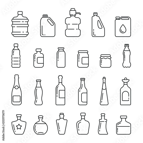 Different types of bottles: thin vector icon set, black and white kit