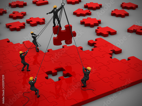 Jigsaw puzzle Project in Red as teamwork manage to build it as 3d rendering. A great jigsaw puzzle in red being built by a successful team as 3d rendering.
