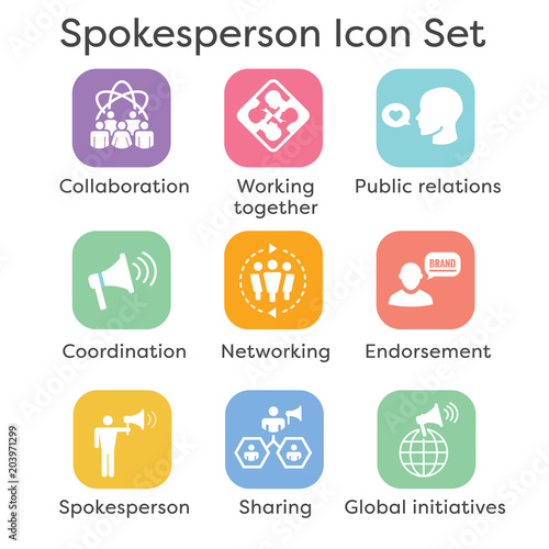 Spokesperson icon set - bullhorn, coordination, pr, and public relations person set