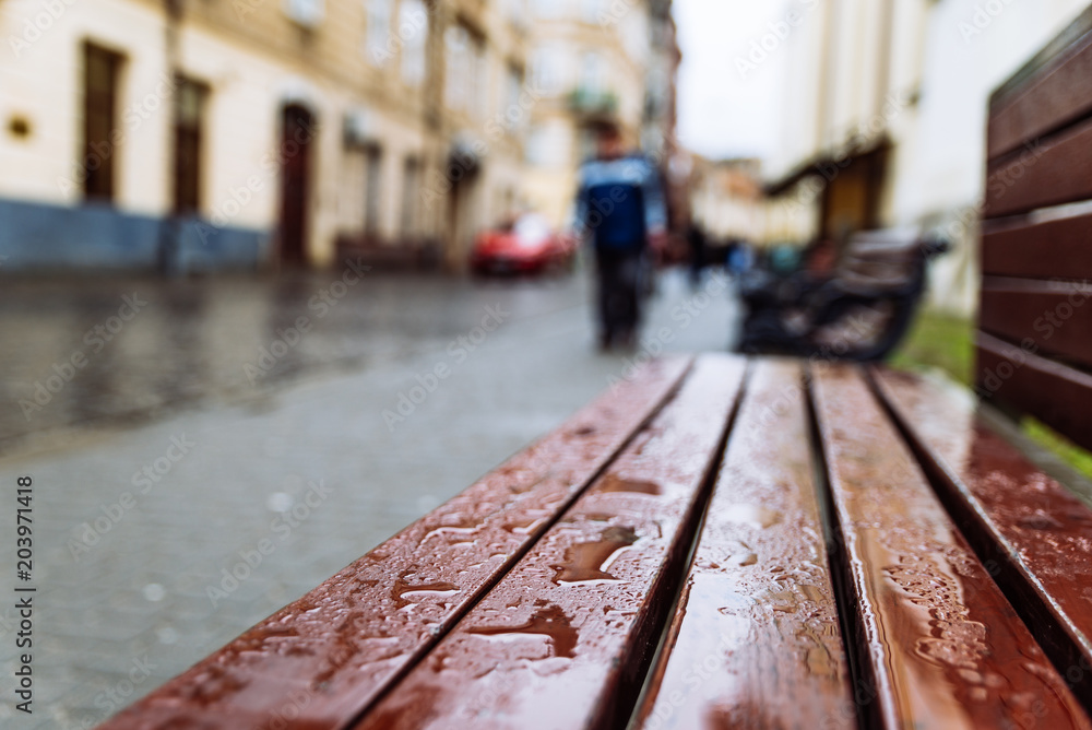 went bench after rain. rainy weather. copy space