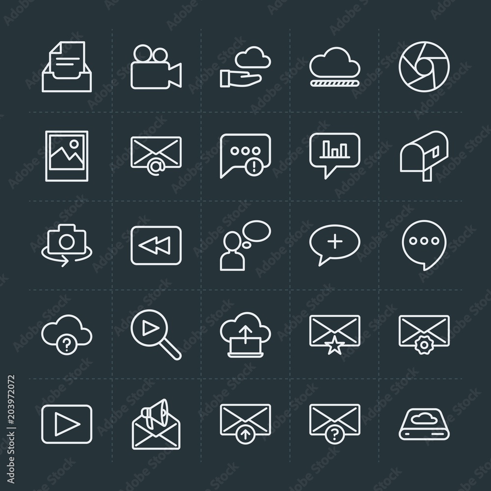 Modern Simple Set of cloud and networking, chat and messenger, video, photos, email Vector outline Icons. Contains such Icons as reload and more on dark background. Fully Editable. Pixel Perfect. Modern Simple Set of cloud and networking, chat and messenger, video, photos, email Vector outline Icons. Contains such Icons as reload and more on dark background. Fully Editable. Pixel Perfect.