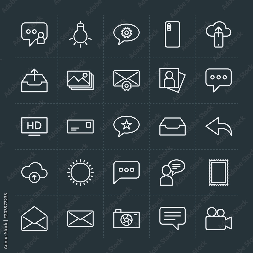 Modern Simple Set of cloud and networking, chat and messenger, video, photos, email Vector outline Icons. Contains such Icons as paper and more on dark background. Fully Editable. Pixel Perfect. Modern Simple Set of cloud and networking, chat and messenger, video, photos, email Vector outline Icons. Contains such Icons as paper and more on dark background. Fully Editable. Pixel Perfect.