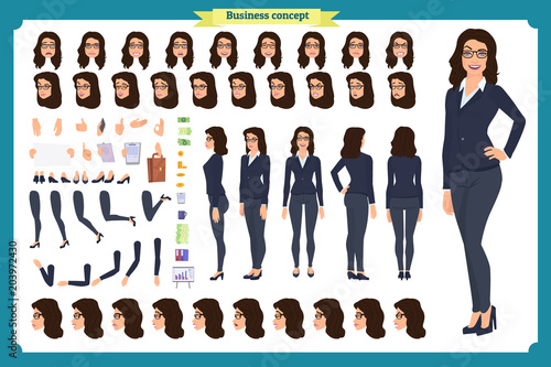 Set of Businesswoman character design.Front, side, back view animated character.Business girl character creation set with various views, poses and gestures. Cartoon, flat vector isolated
