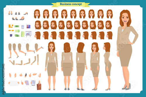Set of Businesswoman character design.Front, side, back view animated character.Business girl character creation set with various views, poses and gestures. Cartoon, flat vector isolated
