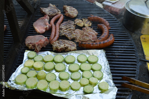 Meat and vegetable at grill