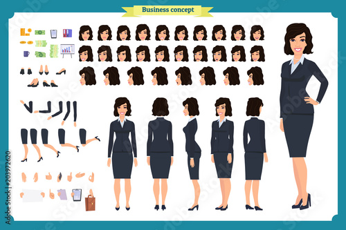 Set of Businesswoman character design.Front, side, back view animated character.Business girl character creation set with various views, poses and gestures. Cartoon, flat vector isolated