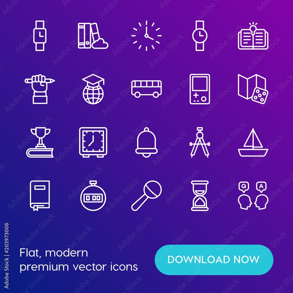 Modern Simple Set of time, education, kids and toys Vector outline Icons. Contains such Icons as  time,  clock,  toy,  vision, baby and more on gradient background. Fully Editable. Pixel Perfect.