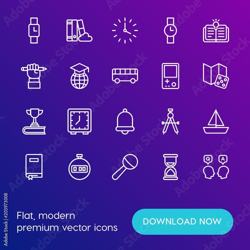 Modern Simple Set of time, education, kids and toys Vector outline Icons. Contains such Icons as  time,  clock,  toy,  vision, baby and more on gradient background. Fully Editable. Pixel Perfect.