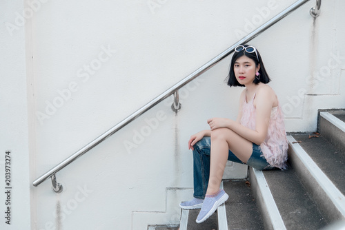 Portrait of beautiful asian chic girl pose for take a picture,Lifestyle of teen thailand people,Modern woman happy concept