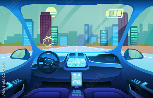 Electric car on the road, day city landscape. Futuristic car illustration.