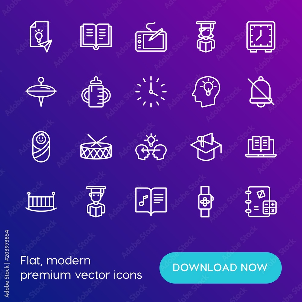 Modern Simple Set of time, education, kids and toys Vector outline Icons. Contains such Icons as concept, ebook, discussion, drum and more on gradient background. Fully Editable. Pixel Perfect. Modern Simple Set of time, education, kids and toys Vector outline Icons. Contains such Icons as concept, ebook, discussion, drum and more on gradient background. Fully Editable. Pixel Perfect.