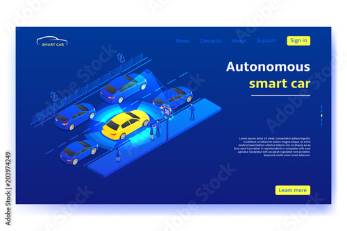 Concept banner with autonomous smart car. Smart car moves on road and scans signs and objects in the city. Vector illustration.