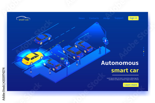 Concept web banner with autonomous smart car. Smart car moves to parking place and scans road, signs and objects in the city. Vector illustration.