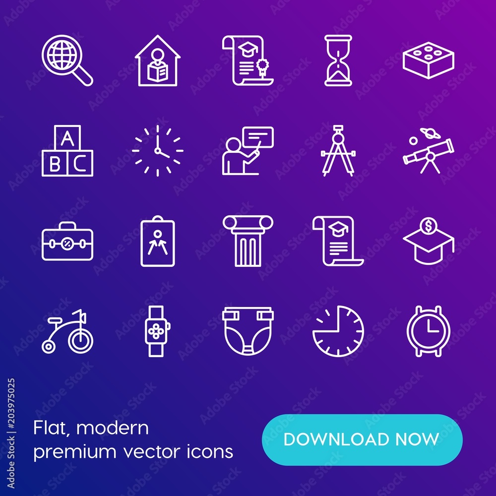 Modern Simple Set of time, education, kids and toys Vector outline Icons. Contains such Icons as investment, college, education, fun and more on gradient background. Fully Editable. Pixel Perfect. Modern Simple Set of time, education, kids and toys Vector outline Icons. Contains such Icons as investment, college, education, fun and more on gradient background. Fully Editable. Pixel Perfect.