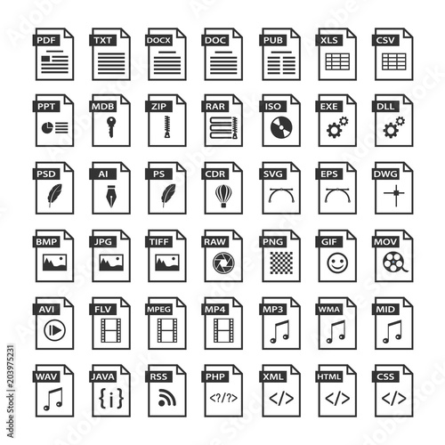 File type icons. Files format icon set in black and white, software symbols buttons
