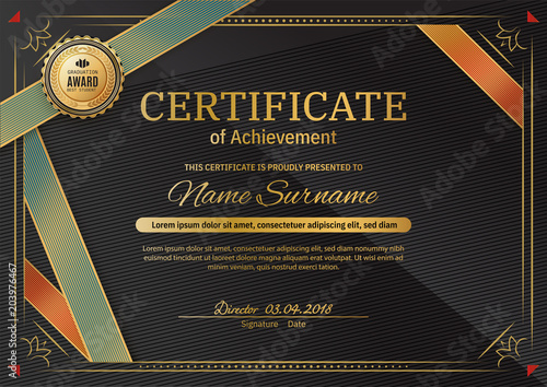Official black certificate with red black triangle design elements. Gold emblem, gold text