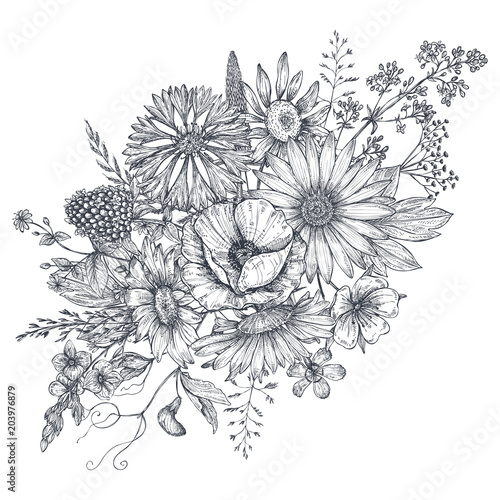 Floral composition. Bouquet with hand drawn flowers and plants.