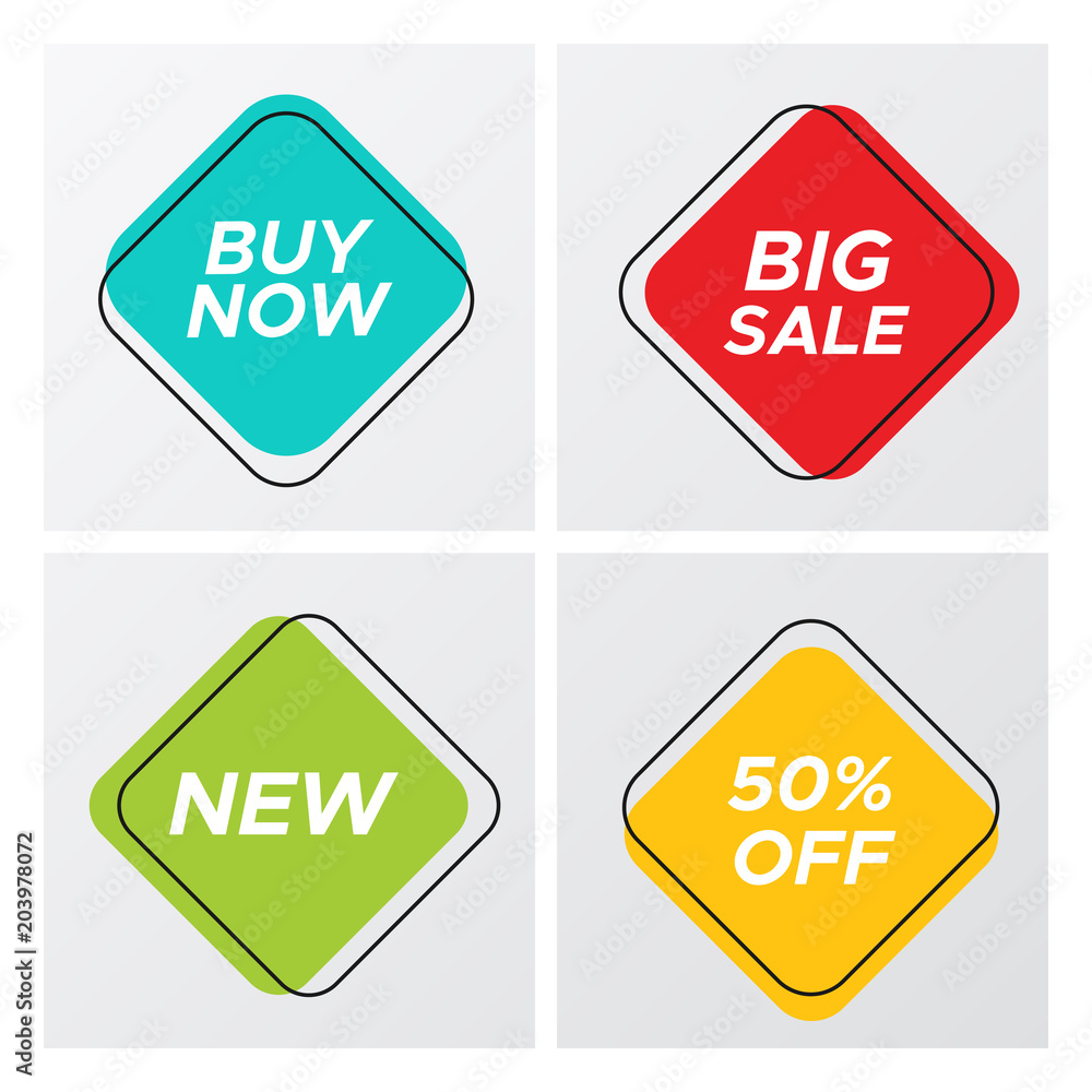 Collection of modern abstract sale banner in creative form. Vintage design square sign template with market clearance title in bright colors. Vector illustration with sale tags for store special deal. Collection of modern abstract sale banner in creative form. Vintage design square sign template with market clearance title in bright colors. Vector illustration with sale tags for store special deal.