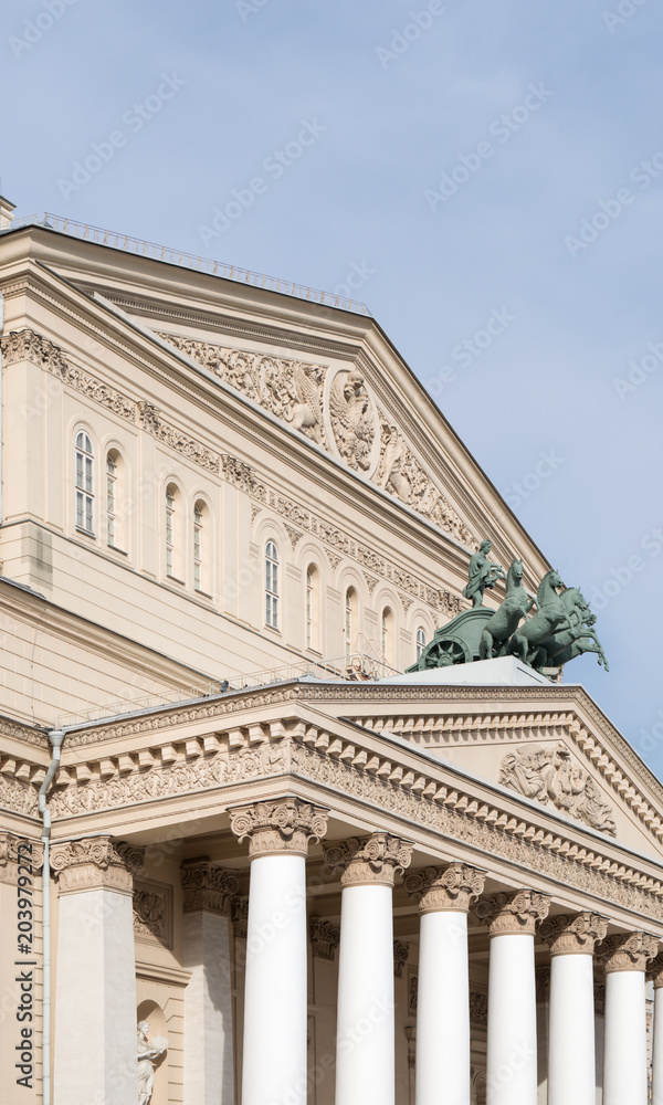 Facade of Bolshoi Theatre, Moscow, Russia, famous architectural monument, symbol of Russian ballet and cultural landmark