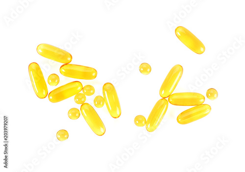Different capsules Omega 3 on a white background, top view.
