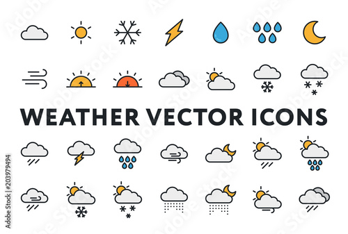 Weather Forecast Meteorology Icons Set. Sun, Snow, Cloud, Rain, Storm, Sunrise, Dawn, Moon, Wind. Minimal Color Flat Line Outline Stroke Pictograms.