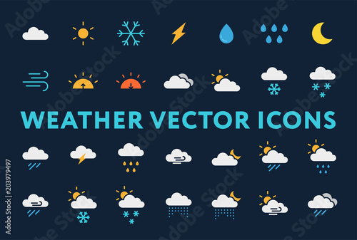 Weather Forecast Meteorology Icons Set. Sun, Snow, Cloud, Rain, Storm, Sunrise, Dawn, Moon, Wind. Minimal Flat  Pictograms on a Dark Background.