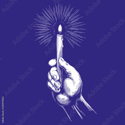 hand holds burning candle shines in the dark hand drawn vector illustration realistic sketch