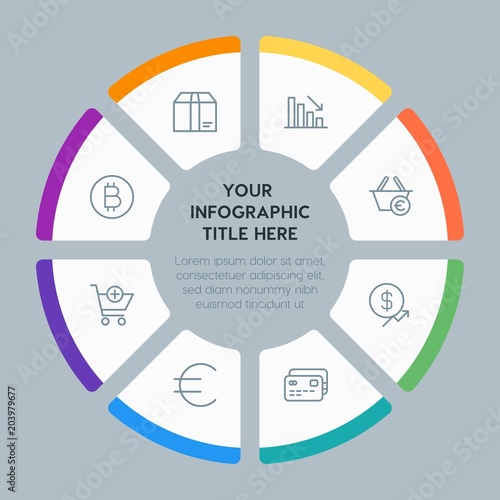 Circle chart business, money, shopping infographic template with 8 options for presentations, advertising, annual reports