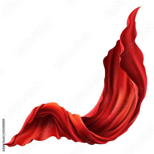 Vector 3d realistic flying red fabric. Flowing satin cloth isolated on white background. Abstract decorative scarlet velvet textile or silken flag