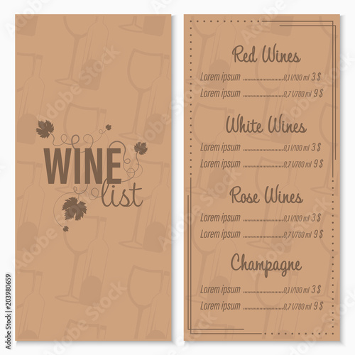 Wine list menu card design template with glasses and bottle of wine in the background.