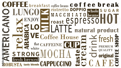Sorts of coffee vector background with different typograhpy.