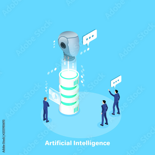 men in business suits develop and implement artificial intelligence using a newest technologies, an isometric image