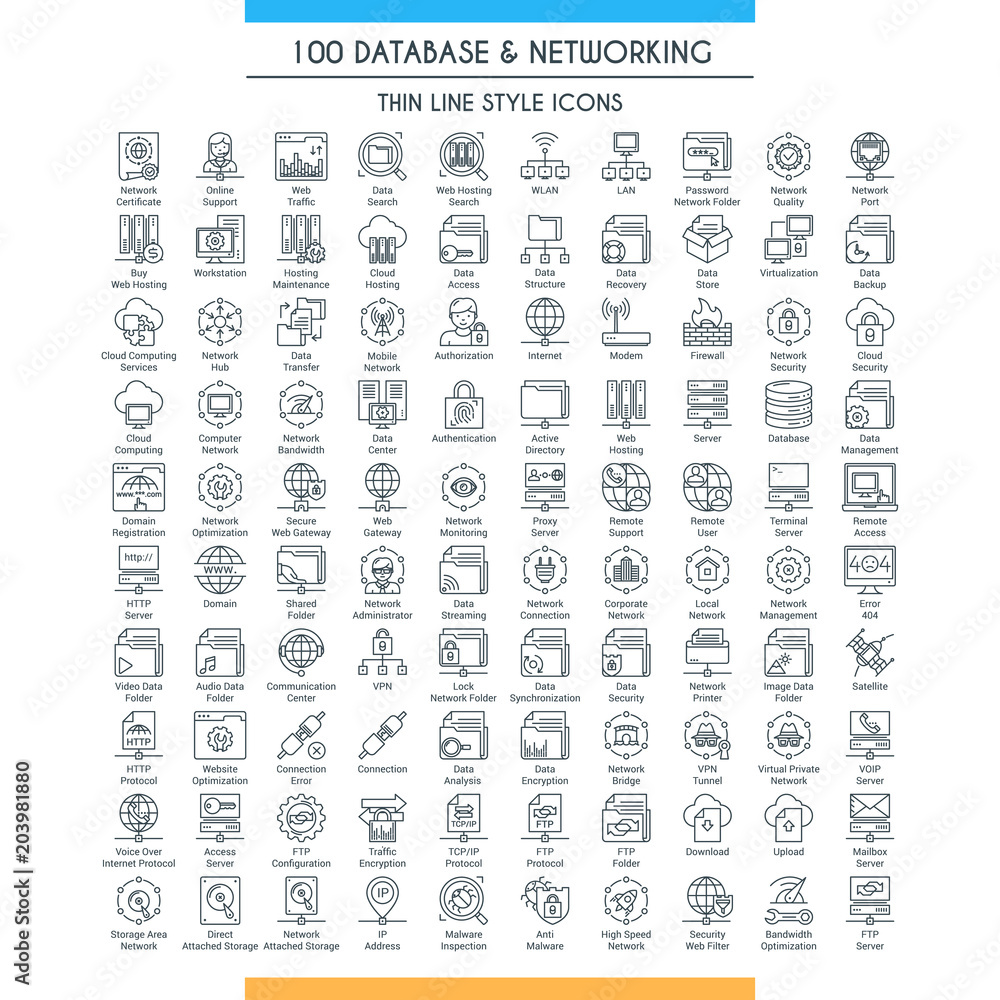 Database and networking big icons set. Modern icons on theme storage, analysis, organization, synchronization and data transfer. Thin line design icons collection. Vector illustration