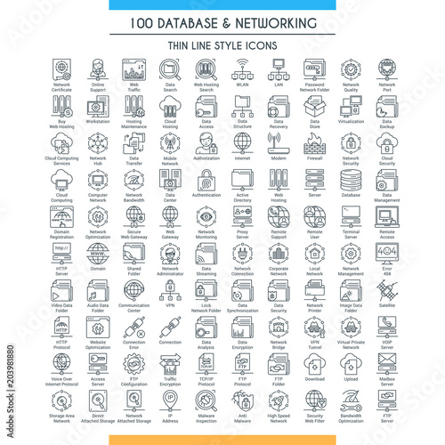 Database and networking big icons set. Modern icons on theme storage, analysis, organization, synchronization and data transfer. Thin line design icons collection. Vector illustration