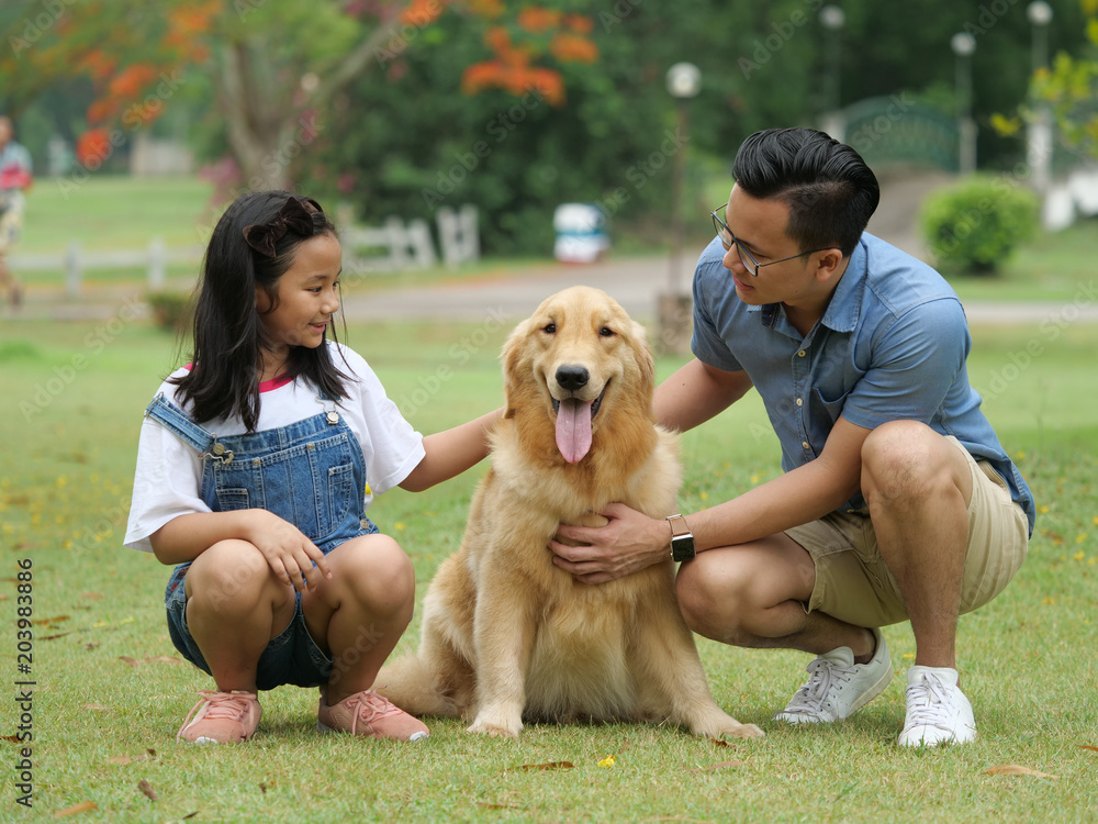 Asian man and girl with dog golden retriever in park Asian man and girl with dog golden retriever in park
