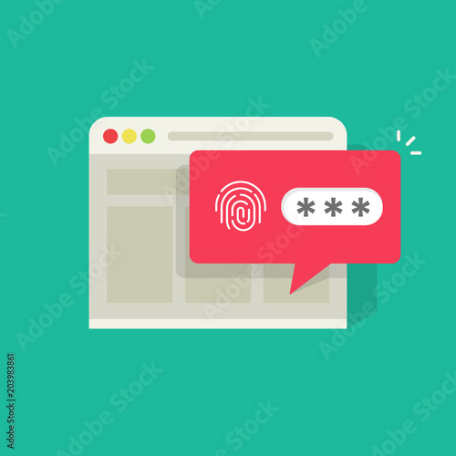 Website in browser logged in or unlocked via fingerprint password bubble notification, flat cartoon internet page with fingerprint and password field, web site security protection concept