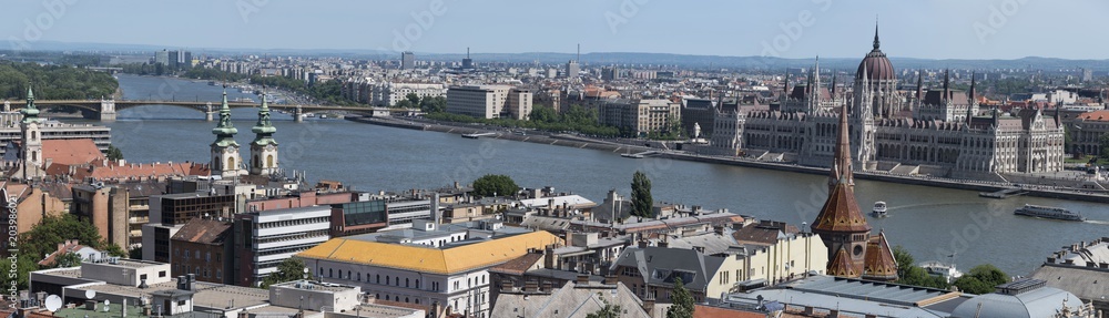 Panorama of Danube river and Parlament from  Fishermen's Bastion in the sunny day in Budapest, Hungary