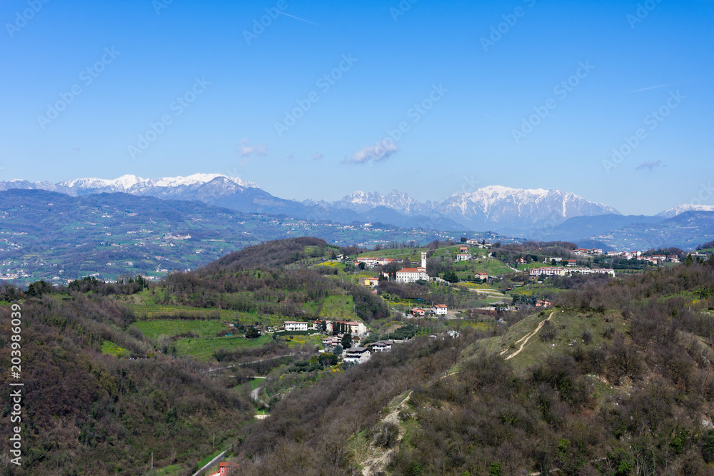 Beautiful  landscape with  snowy alps on the background  seen from  the  Romeo's Tower in Montecchio Maggiore