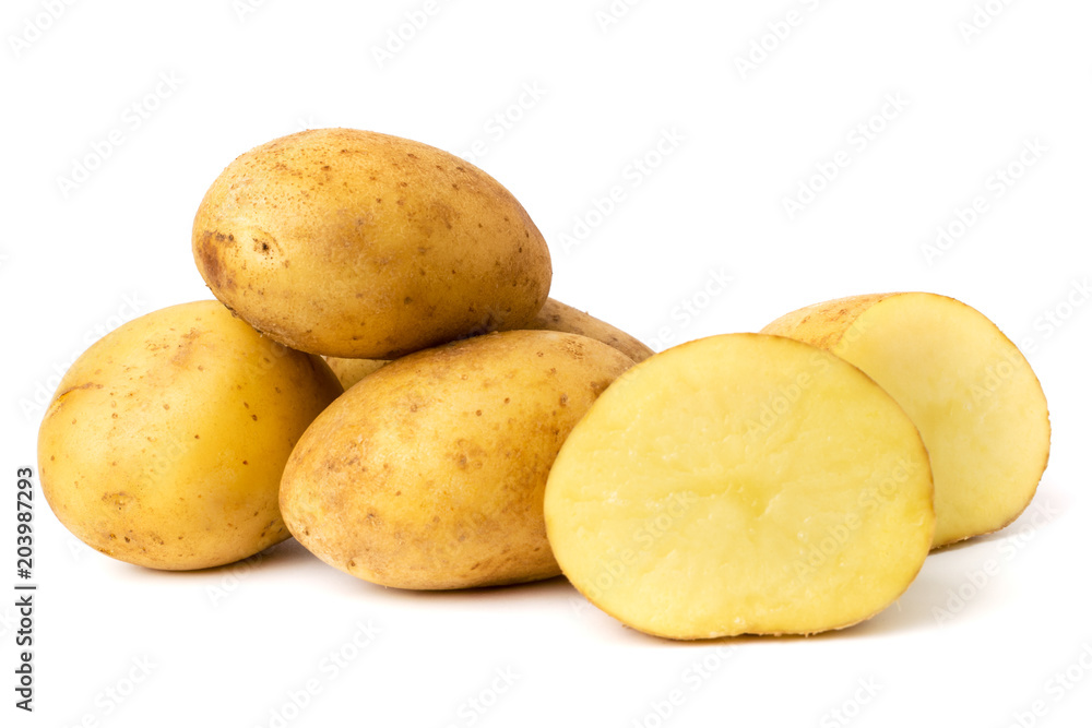 Bunch of potatoes and two halves on a white background. Bunch of potatoes and two halves on a white background.
