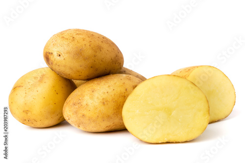 Bunch of potatoes and two halves on a white background.