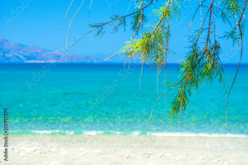 A beautiful sandy beach in Istron, Crete, Greece. Summer background.