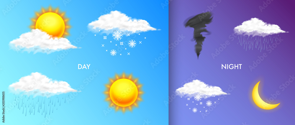 Modern Realistic weather icons set. Meteorology symbols on transparent background. Color Vector illustration for mobile app, print or web. Thunderstorm and rain, clear and cloudy, storm and snow. Modern Realistic weather icons set. Meteorology symbols on transparent background. Color Vector illustration for mobile app, print or web. Thunderstorm and rain, clear and cloudy, storm and snow.