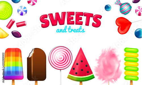 Realistic Sweet candies. Swirl caramel, assorted circle lollipops, dragee and chocolates, fruit jelly, Sugar clouds, cotton and watermelon. 3d game background. holiday colors in modern style.