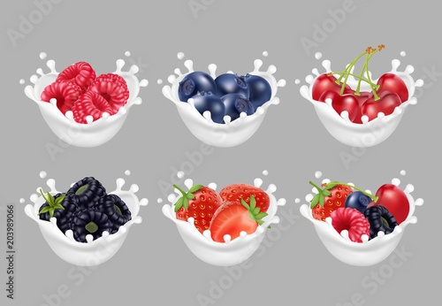 Collection icons of fruit and berries in a milk splash. 3d vector set