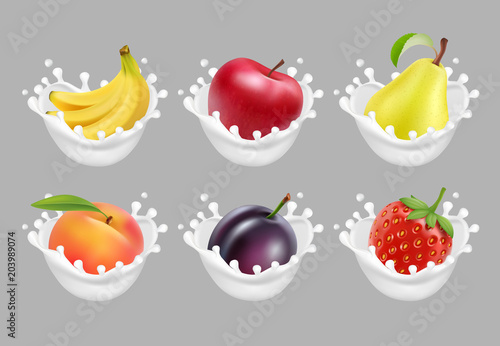 Collection icons of fruit and berries in a milk splash. 3d vector set