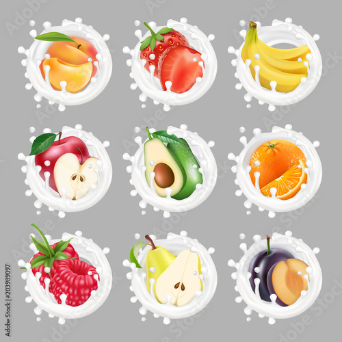 Collection icons of fruit and berries in a milk splash. 3d vector set