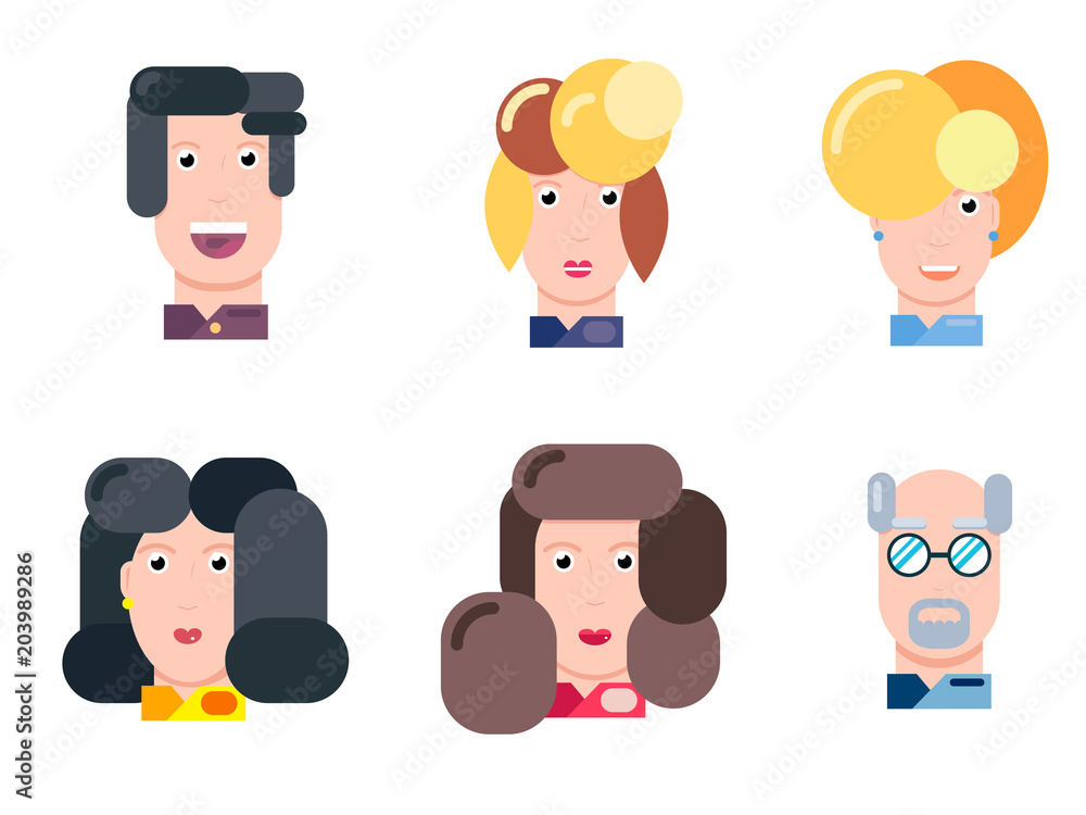 Flat vector characters portrait set. Vector avatars. Smiling happy people. Happy emotions. Vector portraits. Flat vector characters portrait set. Vector avatars. Smiling happy people. Happy emotions. Vector portraits.