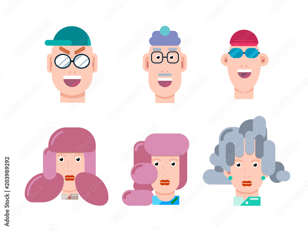 Flat vector characters portrait set. Vector avatars. Smiling happy people. Happy emotions. Vector portraits. Flat vector characters portrait set. Vector avatars. Smiling happy people. Happy emotions. Vector portraits.